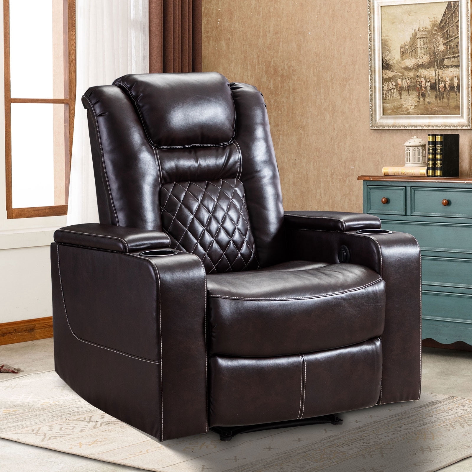 Bonzy Home Electric Recliner Chair, Leather Home Theater Seating, Living Room Chair with USB Ports and Cup Holders Brown