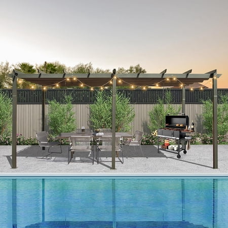 Domi Outdoor Living 11' X 20' Outdoor Pergola with Retractable Canopy Aluminum Shelter Sun Shade Beach Pavilion Grape Trellis Grill Gazebo for Patio, Backyard and Lawn, Gray
