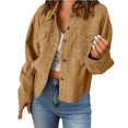 thumbnail image 2 of SwiftWear Women's Cotton Cropped Corduroy Shirt Jacket Causal Dressy Button Down Long Sleeve Shacket​​, Khaki, 2 of 7