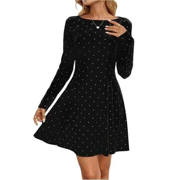 Polka Dot Velvet Dress, Long Sleeve Sparkle Embellished Dress with Defined Waist, Glamorous Holiday Party Dress for Christmas and New Year's Eve Black S