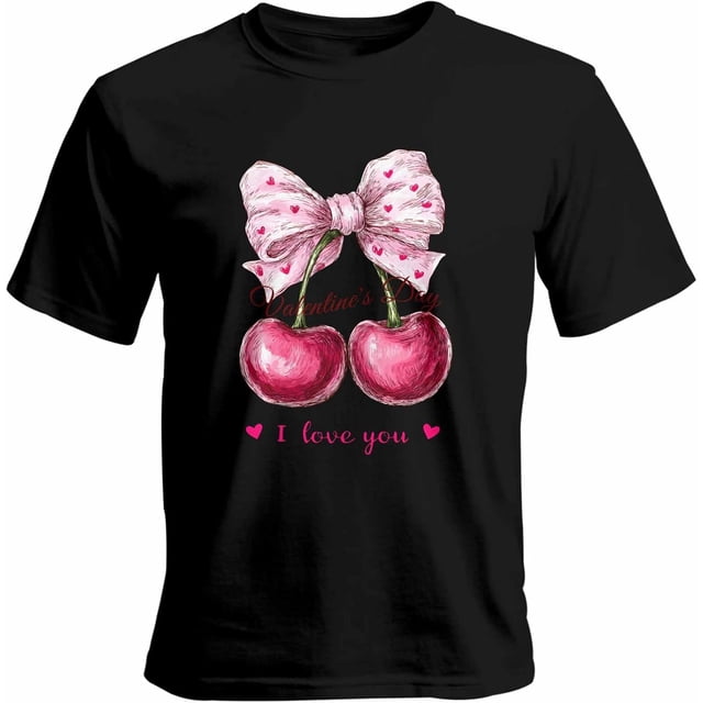 Camisetas informales de manga corta con lazo de cereza para hombre, camisetas gráficas para el Día de San Valentín