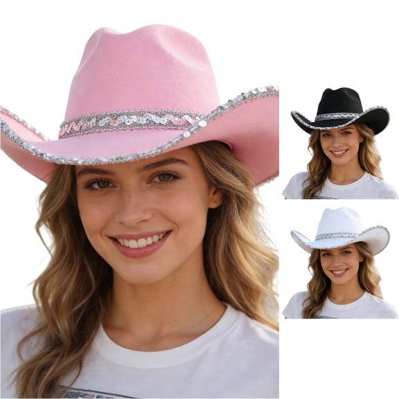 XIAOCHA Womens Sequin‑Trim Cowboy Hat Wide‑Brim Sun Hat Rodeo Bucket Hat,Pink