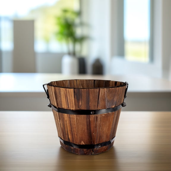 LOLIPPYY Brown Wooden Round Barrel Flower Pot with Breathable Bottom for Indoor Decor