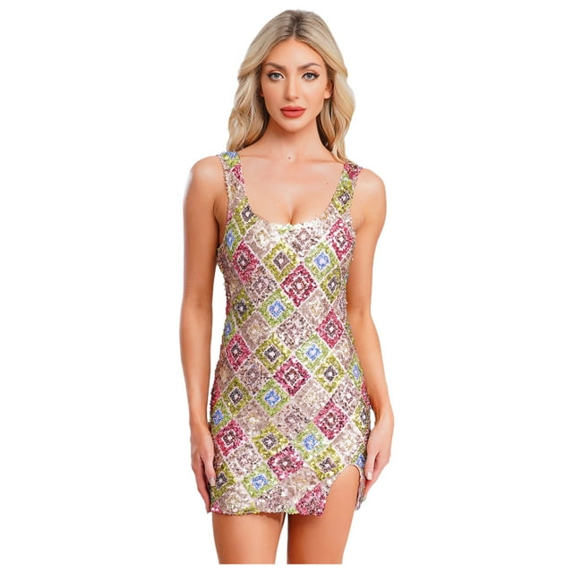 inlzdz Robe de Soirée pour Femme Bal de Promo Mariage Disco Élégante Robe de Fête Dos Nu Robe Courte Robe de Bal Champagne m