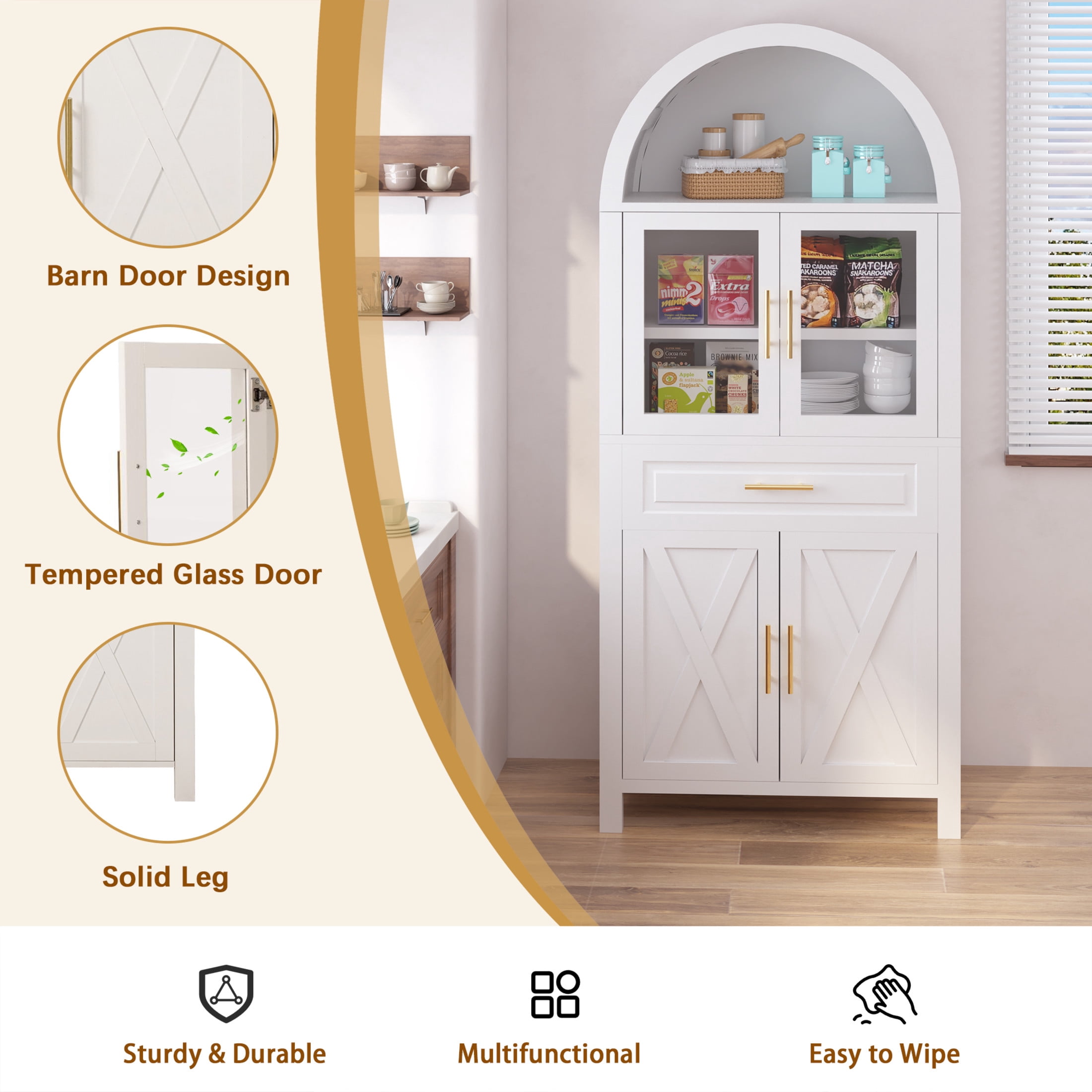 Noble House 71" Farmhouse Pantry Cabinet with Glass Doors, Adjustable Shelves and Built-In Racks, White