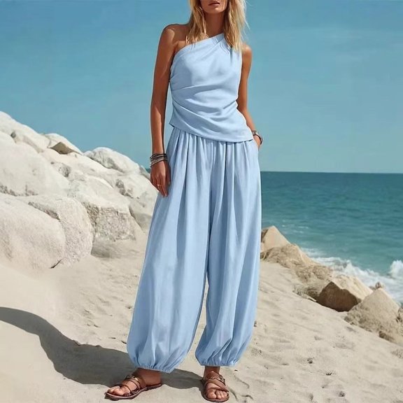 Cagogo Women's 2 Piece Sleeveless Tank Top Wide Leg Pants Set Casual Summer Beach Vacation Outfits Loose Solid Boho Cruise Travel Clothes Lounge Matching Sets Airport, Light Blue M