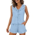 thumbnail image 2 of Womens 2 Piece Pajamas Set Ruffle Sleeveless V Neck Lace-up Tank Top & Shorts with Pockets Summer Loungewear (L, Light Blue), 2 of 8