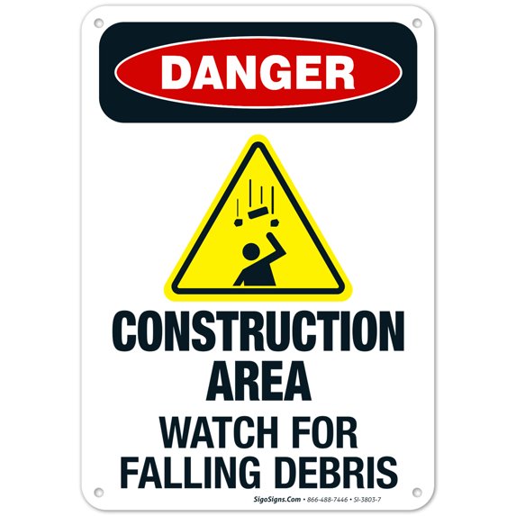 Construction Area Watch For Falling Debris Sign, OSHA Danger Sign, 10x7 Aluminum