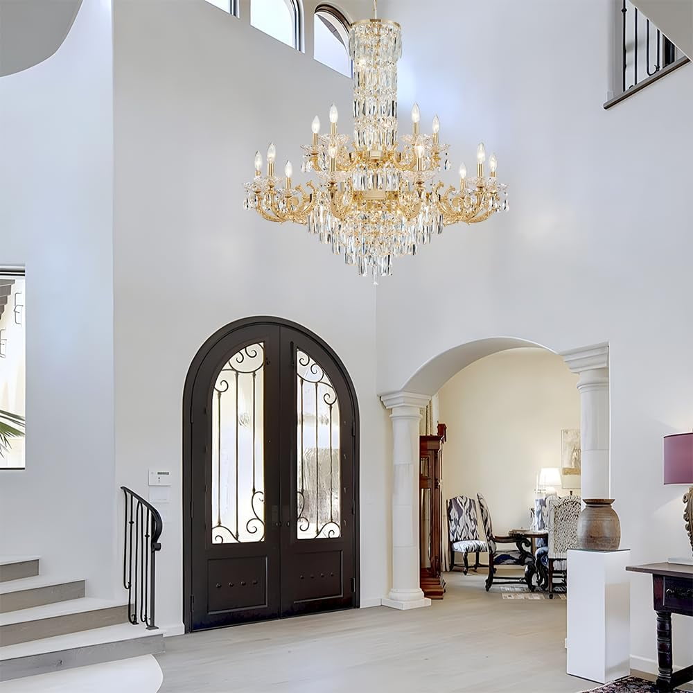 Posiosa Gold Crystal Contemporary Chandelier Foyer Entryway Lighting, 2-Tier Large Foyer Entrance Chandeliers for High Ceiling Big Crystal Chandelier(Dia 40.2 inch 22 Lights)