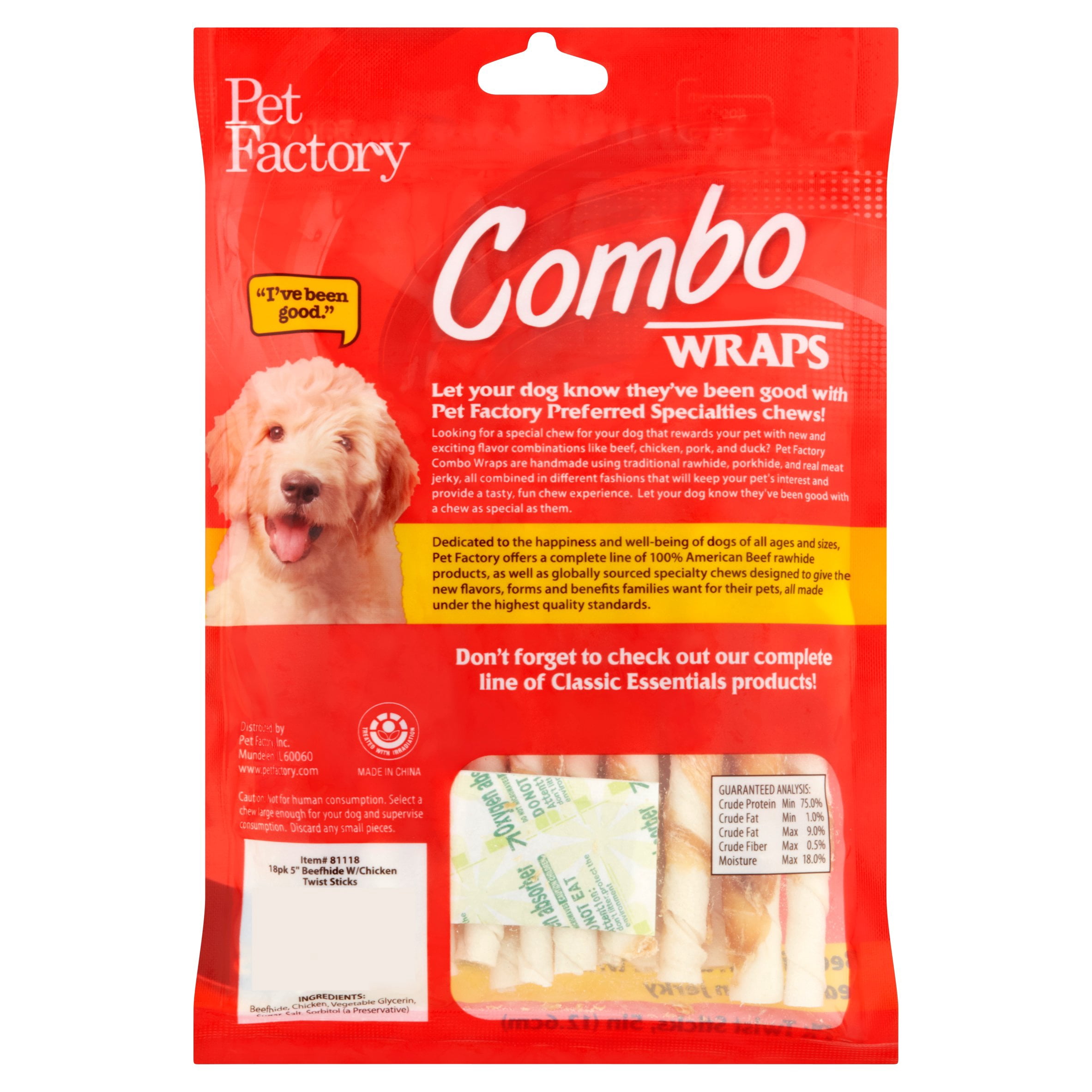 Pet Factory Combo Wraps Beefhide Wrapped with Real Chicken Jerky Dog Chews, 5" (18 Count)