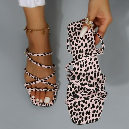 

〖Yilirongyumm〗 Pink 37 Slippers For Women Leisure Roman Style Women s Leopard Print Summer Two Ways Non Slip Slip On Flat Beach Open Toe Breathable Sandals Shoes Slippers
