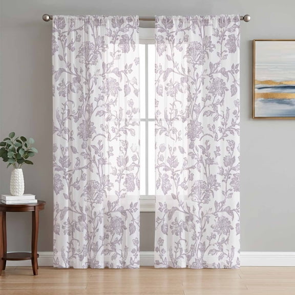 Spring Flower Semi Sheer Curtains 96 Inch Length 2 Panels Set, Vintage Farmhouse Light Purple Boho Leaf Sheer Kitchen Curtain Privacy Voile Window Curtain for Living Room Bedroom Rod Pocket Drapes