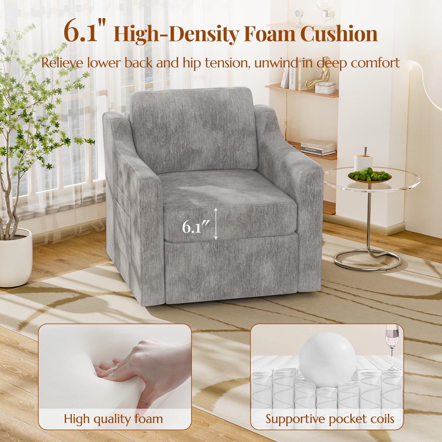 ZBOM 360° Swivel Modern Accent Chair Set of 2, Large Comfy Reading Chairs, Accent Square Single-seat Armchair Upholstered Sofa for Reading, Living Room, Bedroom, Grey