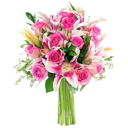 KaBloom: 12 Pink Roses 5 Stargazer Lilies 6 Greens Next-Day Delivery Gift for Every Occasion.
