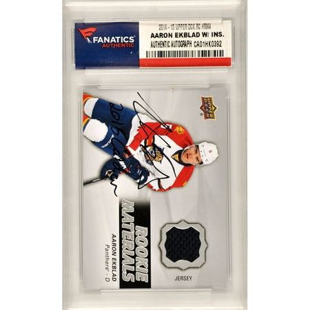 Aaron Ekblad Florida Panthers Autographed 2014-15 Upper Deck Rookie Material #M4 Card with 2015 Calder Inscription and Containing a Piece of Event Used Material - No Size