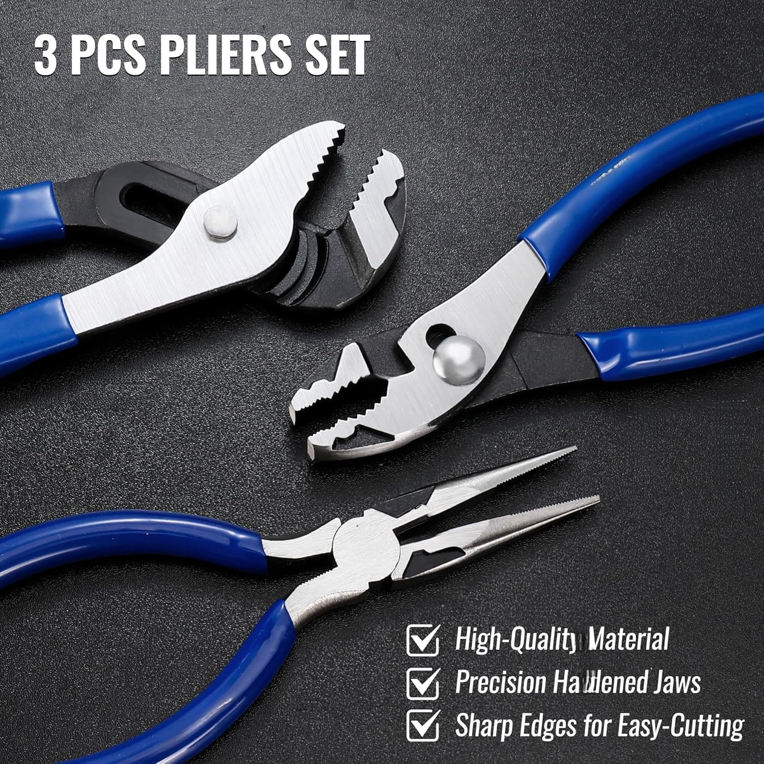 Pliers Set, 3-Piece Plier Tool Set with Soft Handle, 6" Needle Nose, 6" Slip Joint, 8" Groove Joint Plier for DIY & Home Use