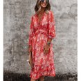 thumbnail image 2 of Vestido casual de una pieza Ticfox con Cuello en V Manga larga estampado floral rojo S, 2 of 6