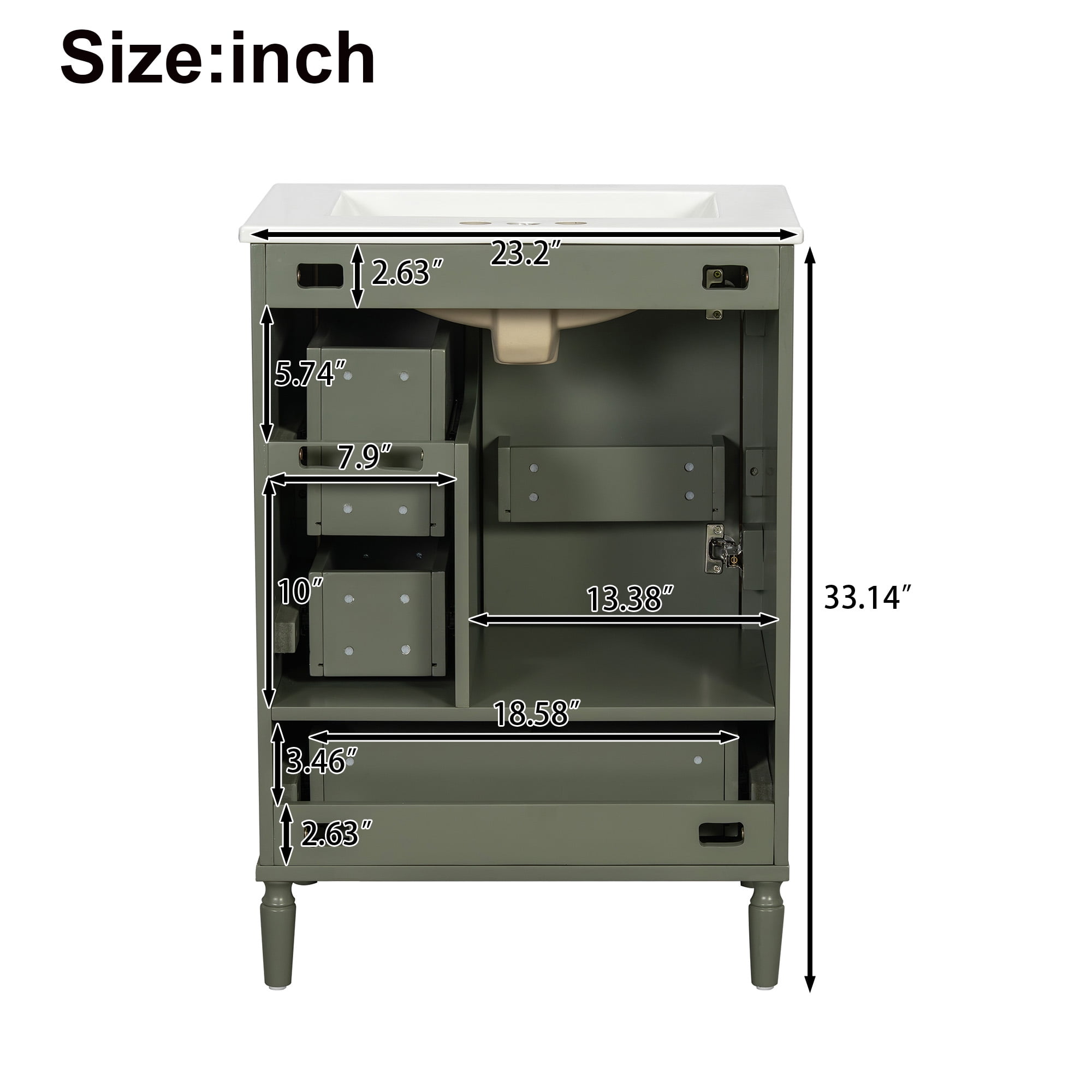 Harper & Bright Designs 24 inch Bathroom Vanity with Sink Combo, Free-Standing Single Storage Cabinet with 3 Drawers & Rack, MDF & Solid Wood Vanity with Ceramic Basin, Olive Green