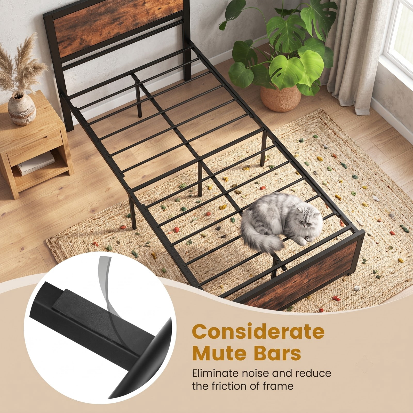 Furnibear Twin Bed Frame with High Wood Headboard, Heavy Duty Metal Platform Bed Frame with Mute Bars for Bedroom, Rustic Brown and Black