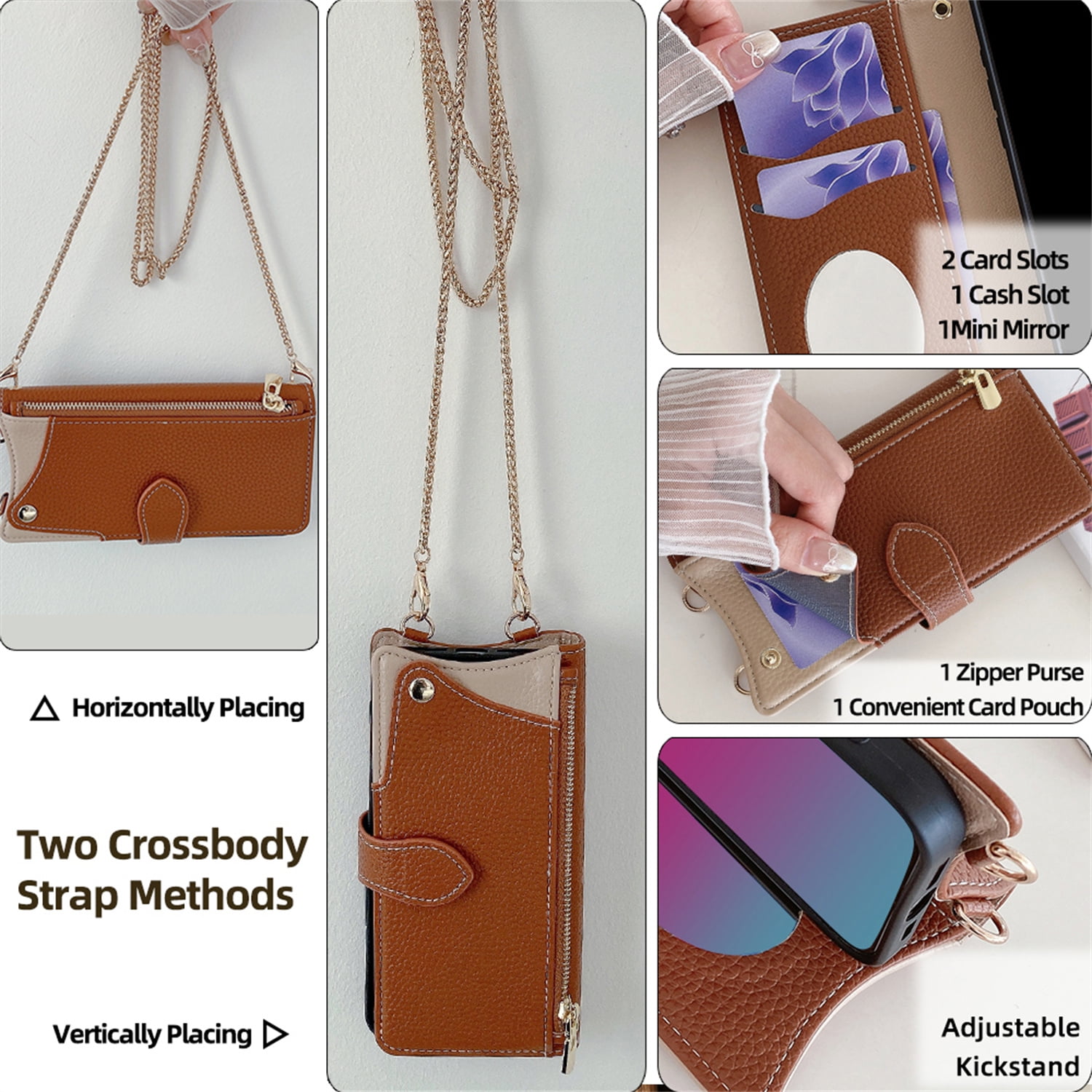 Allytechgroup Flip Wallet Phone Case for Samsung Galaxy A17 5G with Credit Card Slot, Shoulder Strap PU Leather Zipper Wallet Phone Case Shockproof Full Body Cover Rugged for Women Girls, Brown