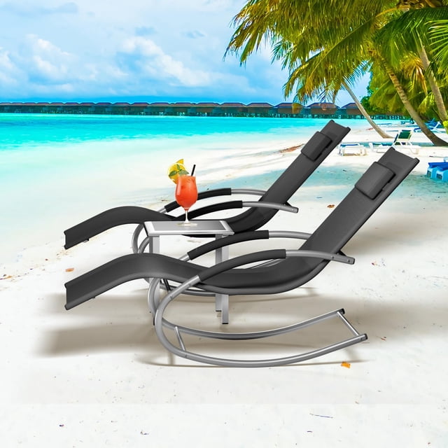 Edtara Ensemble de 3 Chaises Longues de Patio, Fauteuils Inclinables à Dossier Réglable avec Appui-Bras et Table d'Appoint pour Piscine, Balcon Ou Pelouse