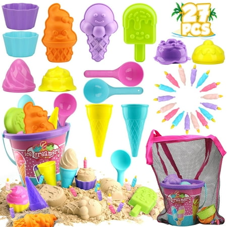 Beach Toys for Kids 3-10 Ice Cream Sand Toddlers Sandbox with Bucket 27 Pcs Shovels Cupcake Dessert Molds Mesh Bag Travel Girls