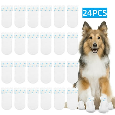SPOKKI 24 Pcs Disposable Dog Shoes  Dog Boots for Injured Paws Waterproof Disposable Dog Socks Paws Stop Licking with Self Adhesive Bandage Dog Shoes for Injured Paws for Indoor Outdoor Walking (L)