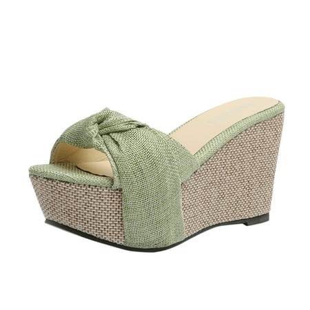 

Youmylove Leisure Summer High Heels Bow Waterproof Table Linen Women Slide Slippers Sandals Leisure Comfort Cozy Daily Walking