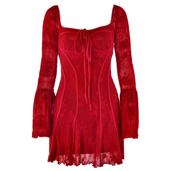 Womens 2025 Square Neck Dress Long Sleeve Sleeve A-Line Short Mini Dresses Red S