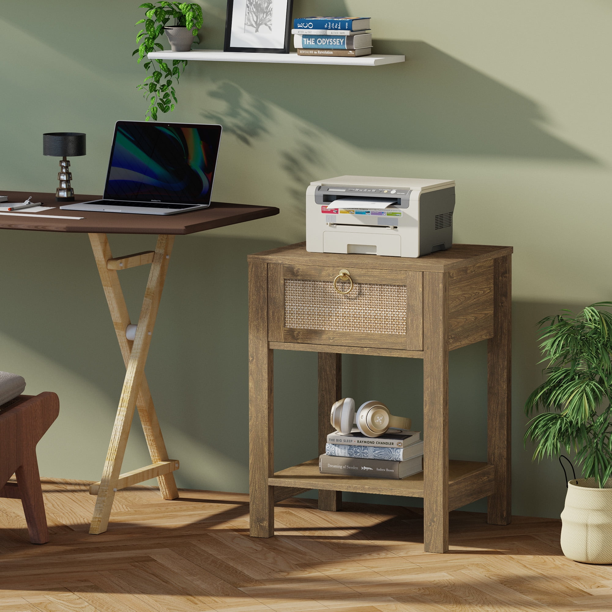 SICOTAS Rattan Nightstands Set of 2, Cherry Farmhouse Boho End Side Table with Drawers, Engineered Wood Accent Bedside Table for Bedroom, Living Room