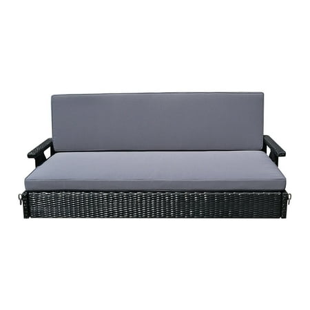 Round Wicker Porch Swing Bed Style 16 Black 78'' Patio Porch Swing Bed Chair Resin Wicker Tree Ceiling Hanger Hanging W/Chains ()