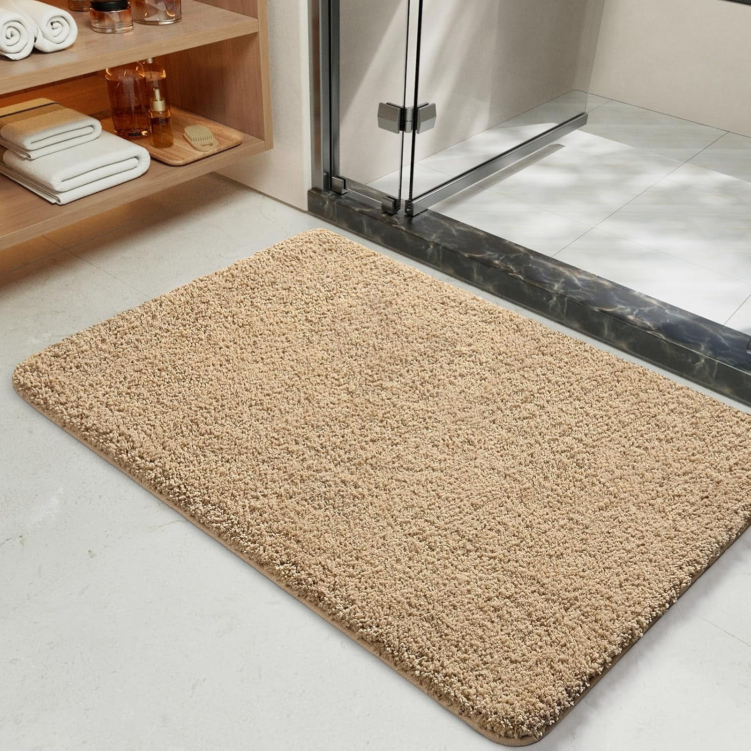 Lochas Beige Polyester Bath Rug, 36" x 24", Machine Washable