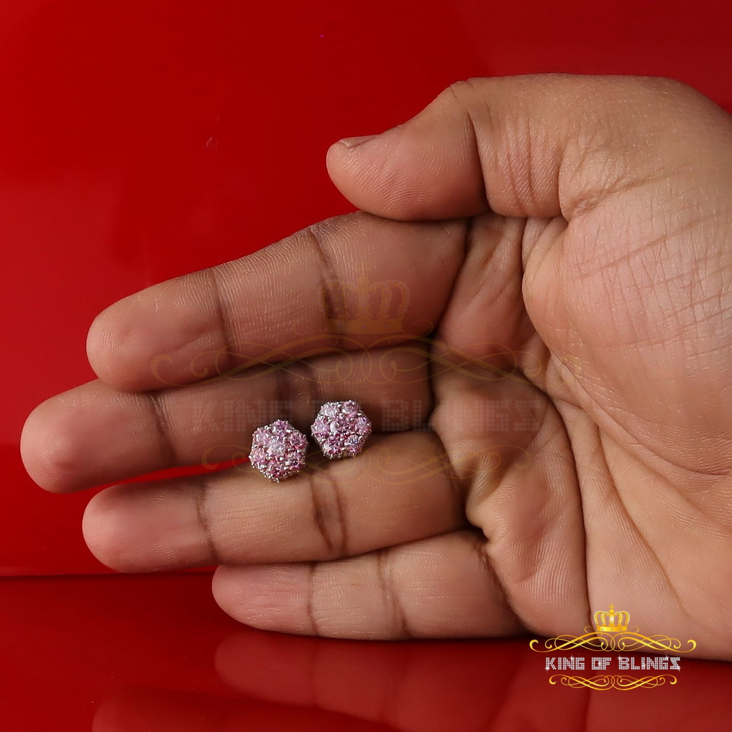 King of Bling's Men/Women's 925 Silver White 2.50ct VVS D Pink Moissanite 7 stone Stud Earrings
