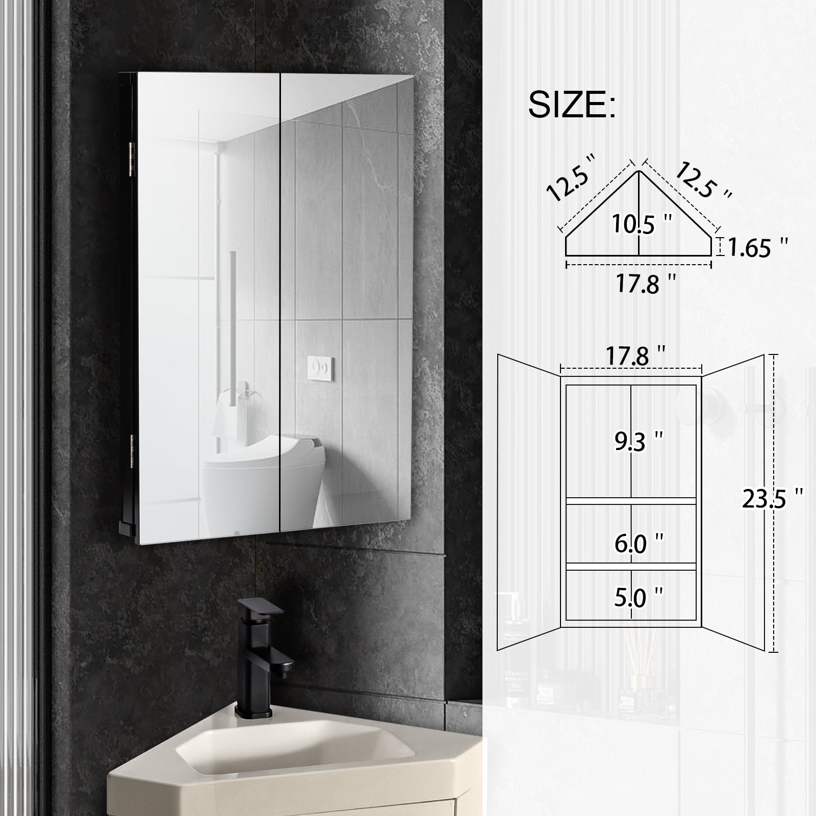 Eclife Rectangle Corner Medicine Cabinet with Mirror Wall Mounted Bathroom Organizer, Black