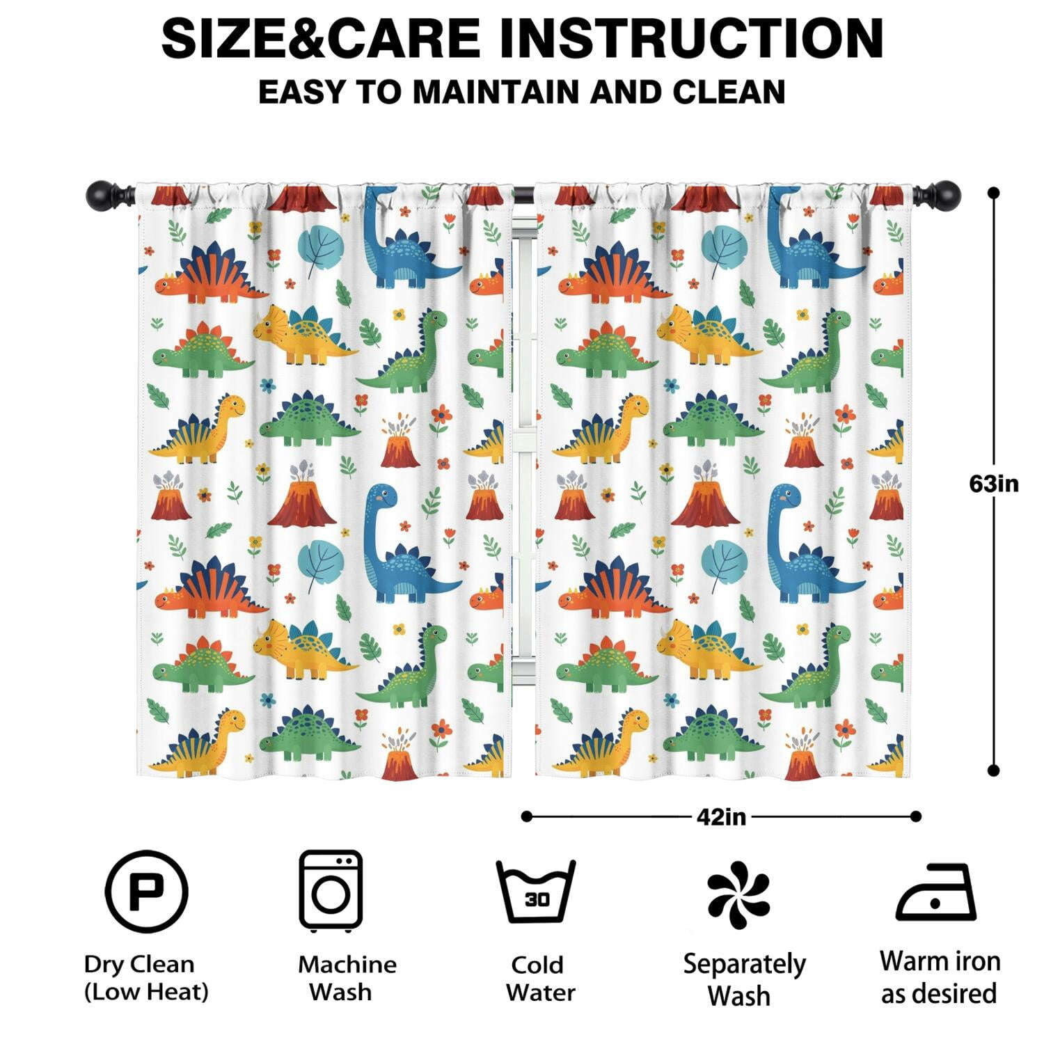 Blackout Kids Curtains,Dinosaur and Volcano Pattern Childrens Insulated Curtains Set Of 2,Bedroom Essentials,Toddler Room Decor 42"x63"