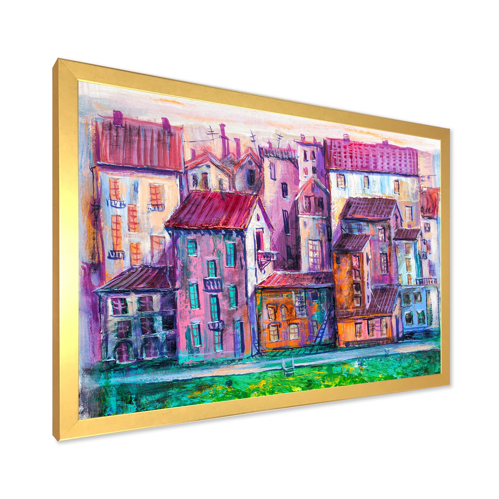 Designart 'Street With Colorful Old Homes Landscape' Modern Framed Art Print