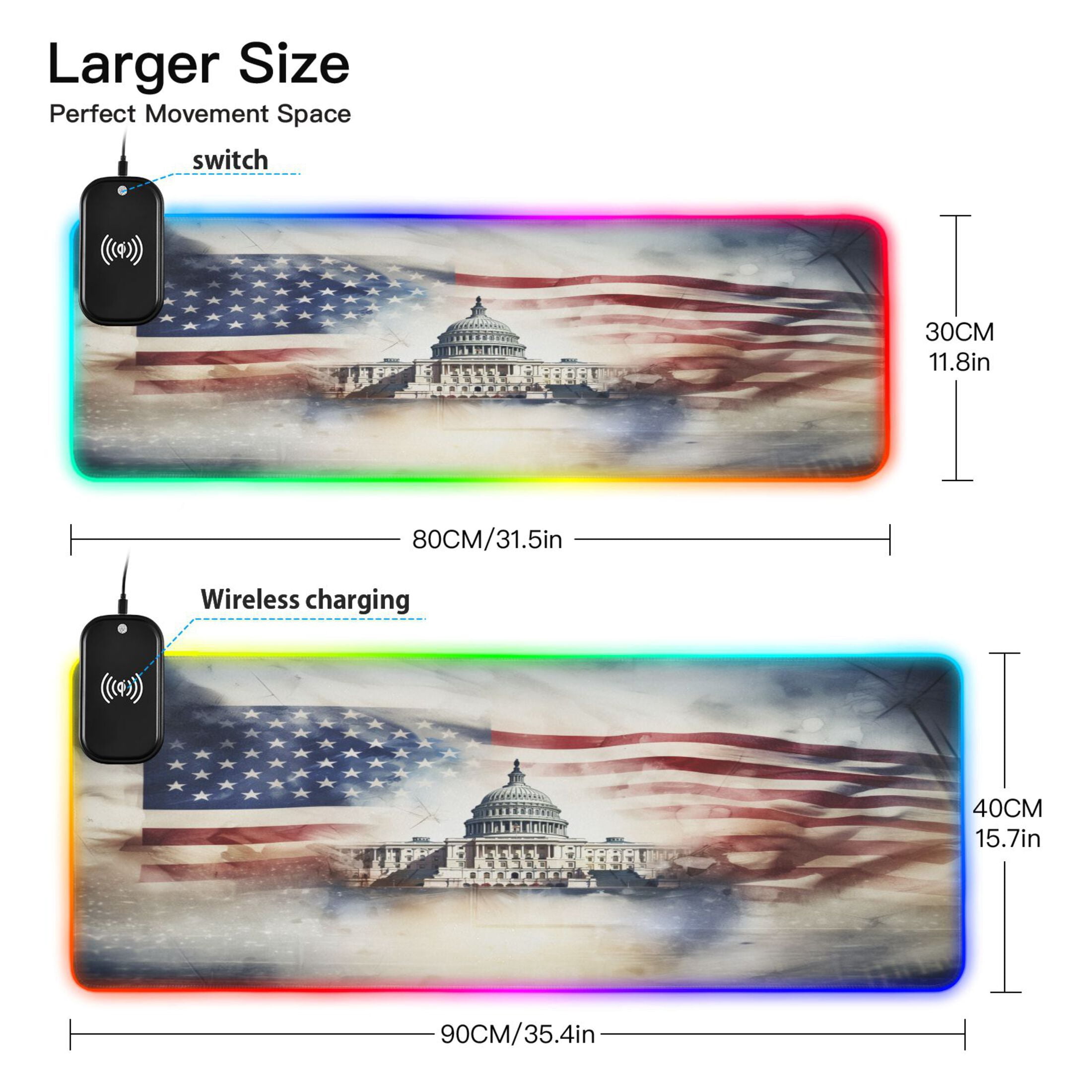Wireless Charging Mouse Pad Large RGB Gaming Desk Mat 13 Light Modes Mousepad 35.4x15.7 White House and American Flag