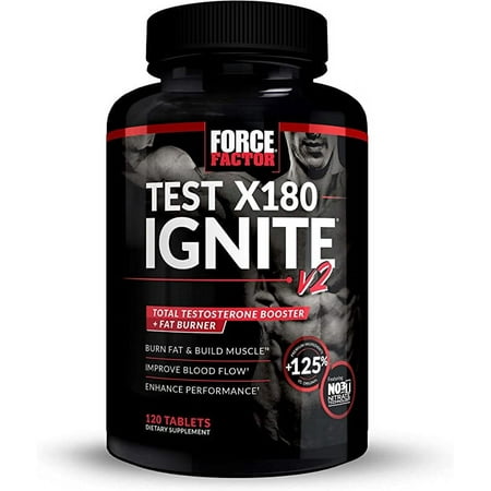 Force Factor Test X180 Ignite v2 Testosterone Booster & Supplement with Nitrates to Burn Fat, Build Muscle, Boost Energy and Enhance Vitality, Black, 120 Count