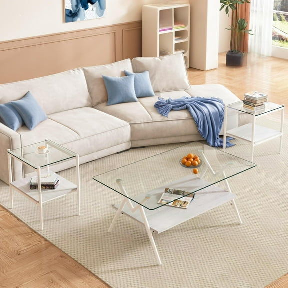 3-Piece Coffee Table Set, 1 Coffee Table & 2 End Table, Modern Table Set with Tempered Glass Tabletop & White Metal Legs, for Living room