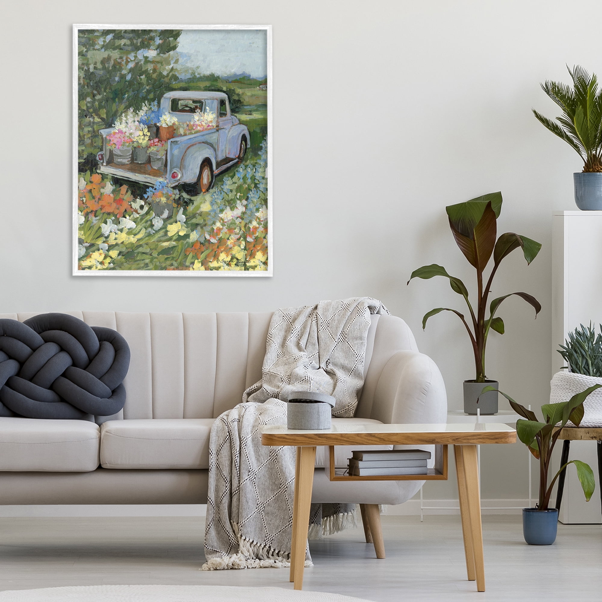 Stupell Industries Truckin' Field with Flowers White Framed Giclee Art, design by Susan Winget