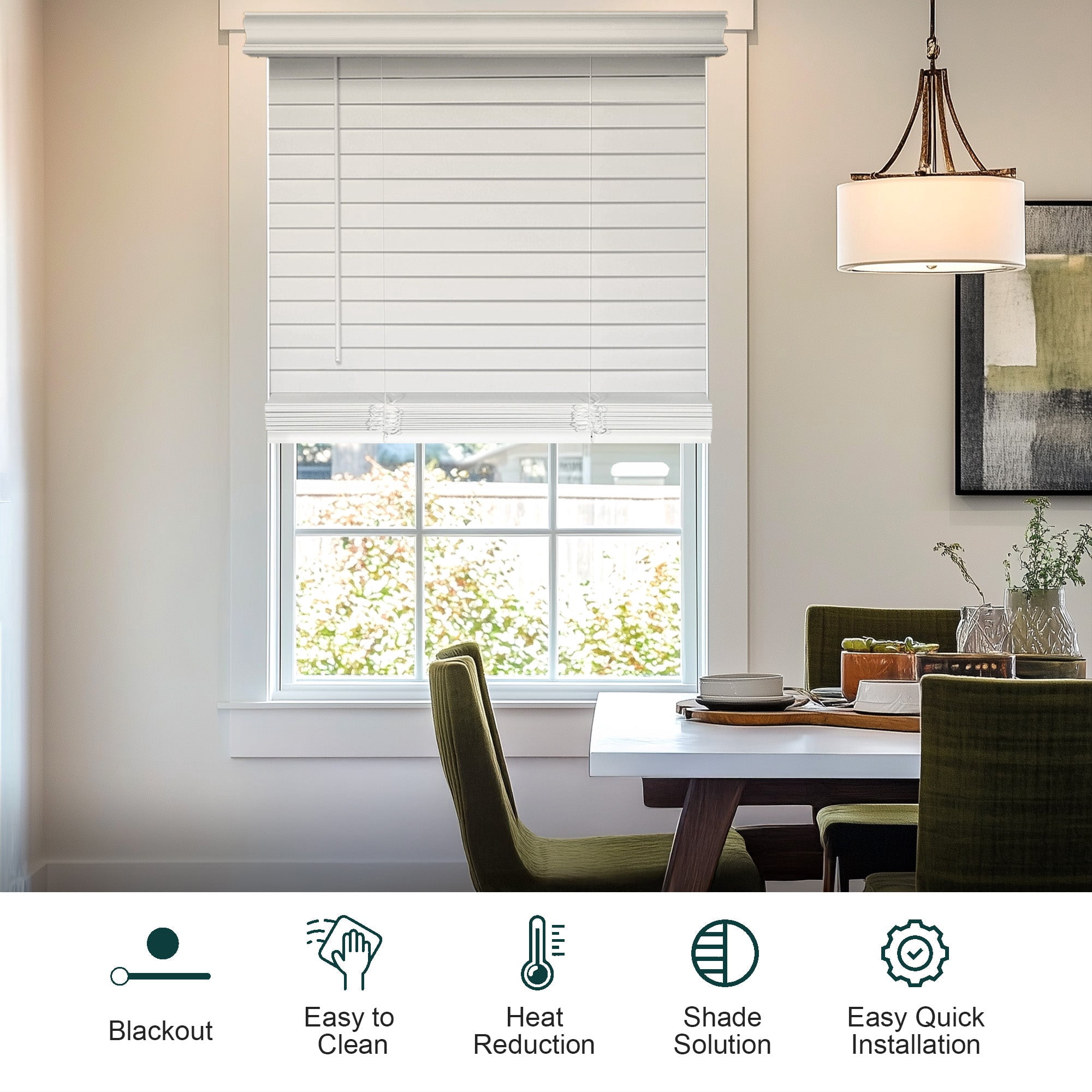 Chicology Cordless Faux Wood Blinds 2 in Slats Blackout No Hole Design Valance, 49.25"W X 48"H
