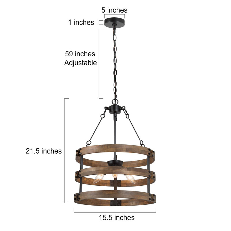 LNC 3-Light Rustic Barrel Chandelier with Faux Wood Finish and Matte Black Accents