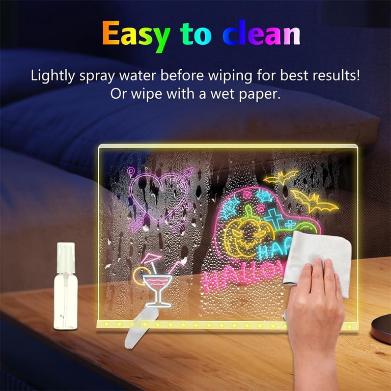 LED Light Up Acrylic Dry Erase Board - 11.8 X 7.9 Inch Glowing Message Board With Stand & Pens