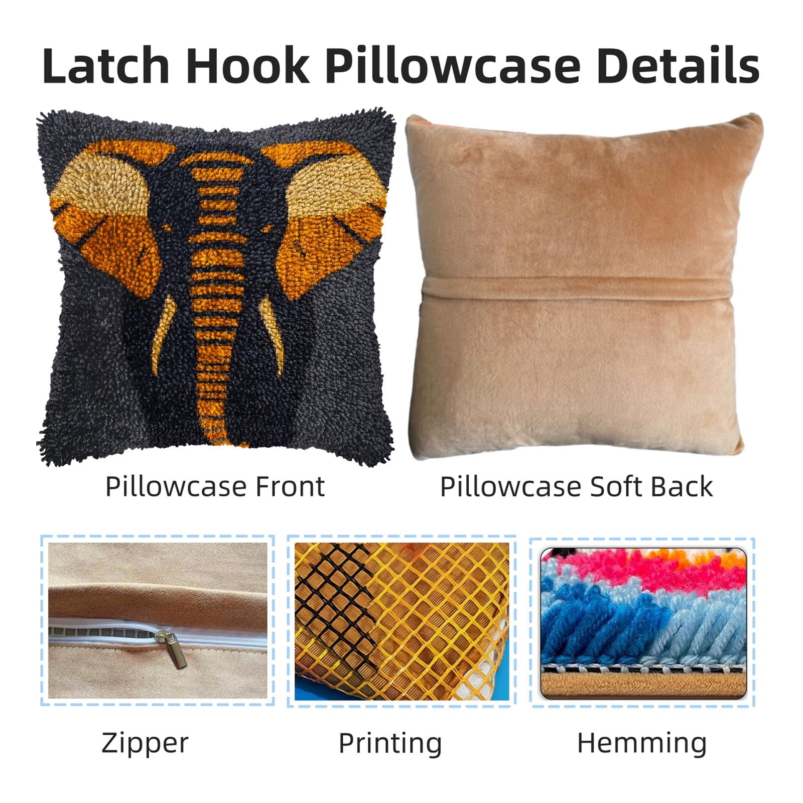 DIY Latch Hook Pillow Kits Grey Elephant Head Printed Pillowcase Crochet Yarns Hooking Handmade Pillow Cover Cushion for Home Sofa Decoration 17x17inch-3