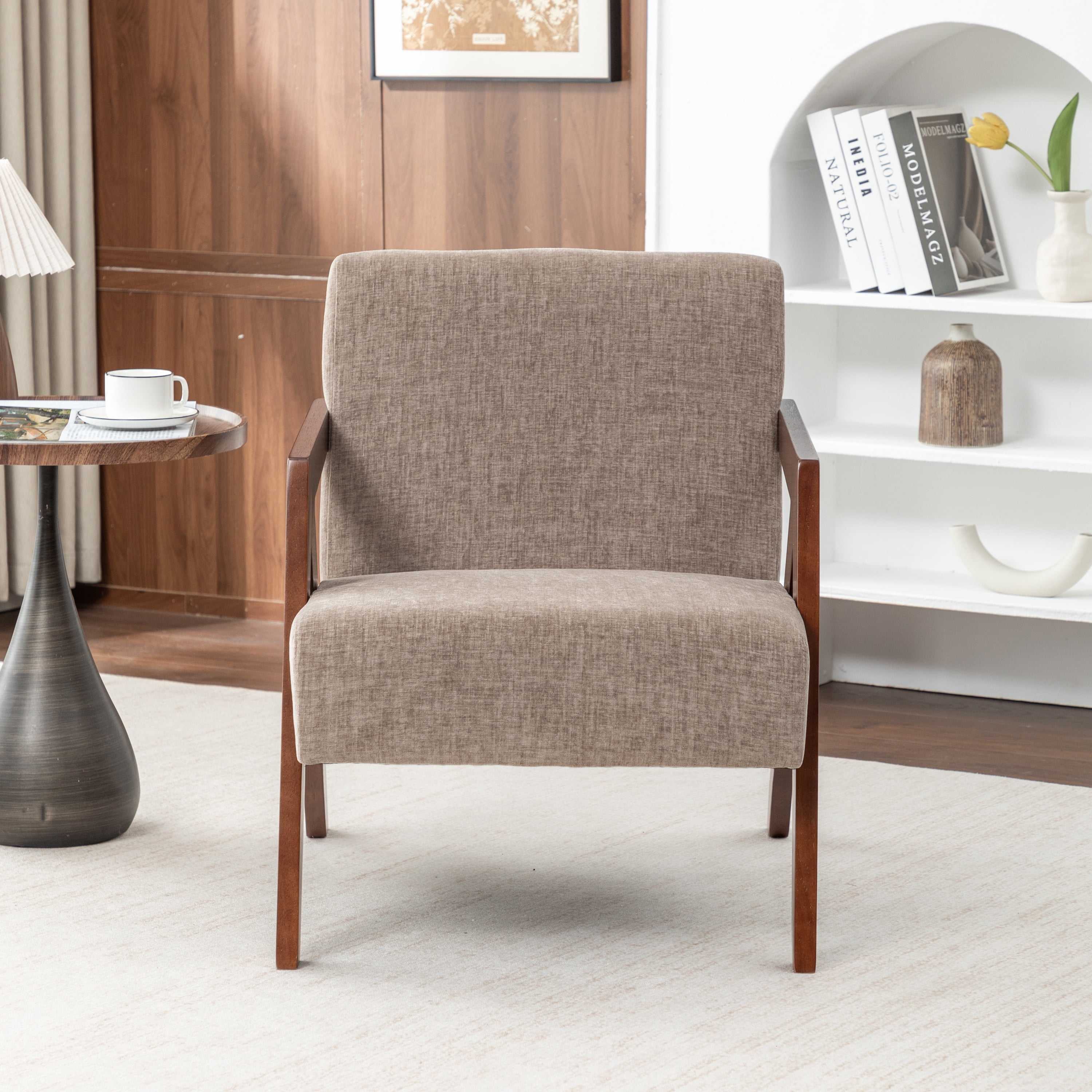 Leumius Mid Century Modern Accent Chair,Upholstered Reading Armchair with Solid Wood Frame,Accent Chair for Living Room Bedroom Apartment, Easy Assembly,Light Coffee