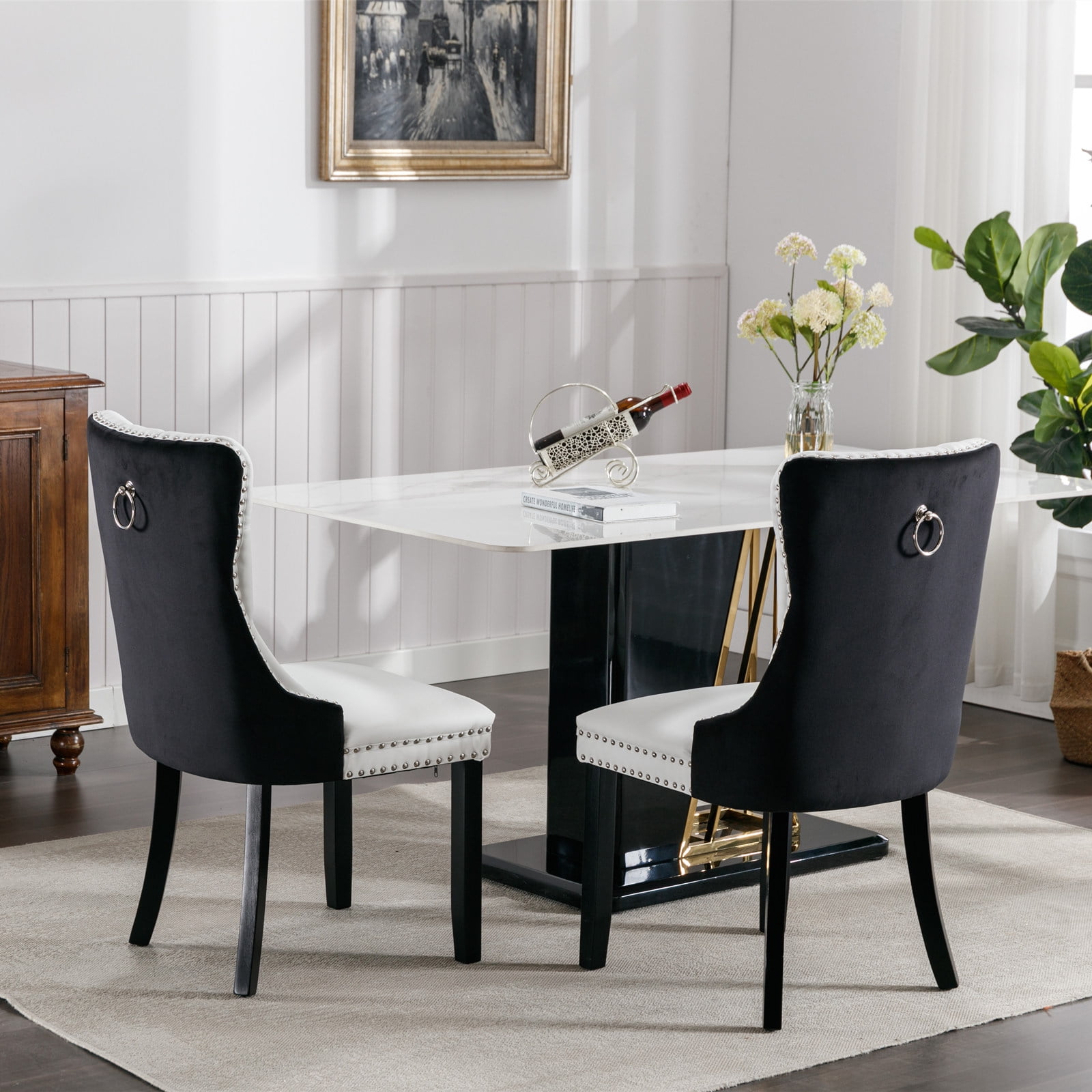 Gewnee 2 Piece Sets Modern High-end Tufted Solid Wood Contemporary PU and Velvet Upholstered White+Black Dining Chair with Wood Legs Nailhead Trim