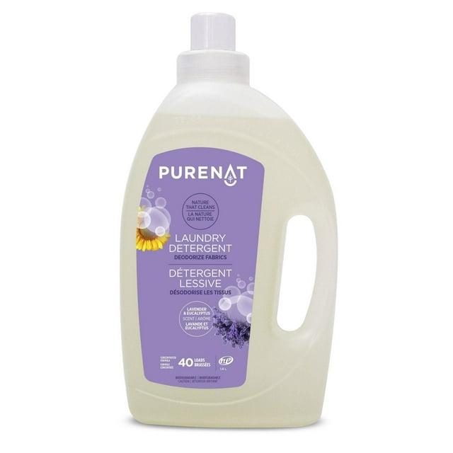 PureNat laundry detergent in a 1.6L bottle with lavender and eucalyptus scent for deodorizing fabrics