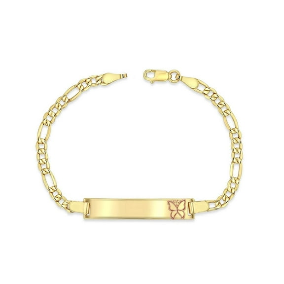 14K Yellow Gold 3.5 mm Figaro Chain Baby ID Bracelet w/ Rose Gold Butterfly, 3 gram