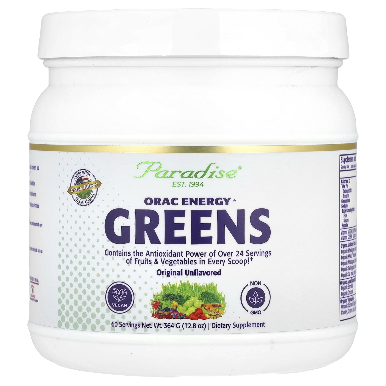 Paradise ORAC Energy Greens Powder Extract, Super Antioxidants, Probiotics, Vitamin C, 60 Servings
