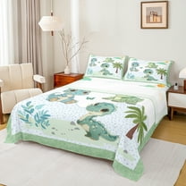 Manfei Cartoon Green Dinosaur Twin Sheet Sets, Leaf Plant Botanical Twin Fitted Sheet, Teens Kids Boys Girls Flat Sheet, Breathable Home Decor, 3 Pieces